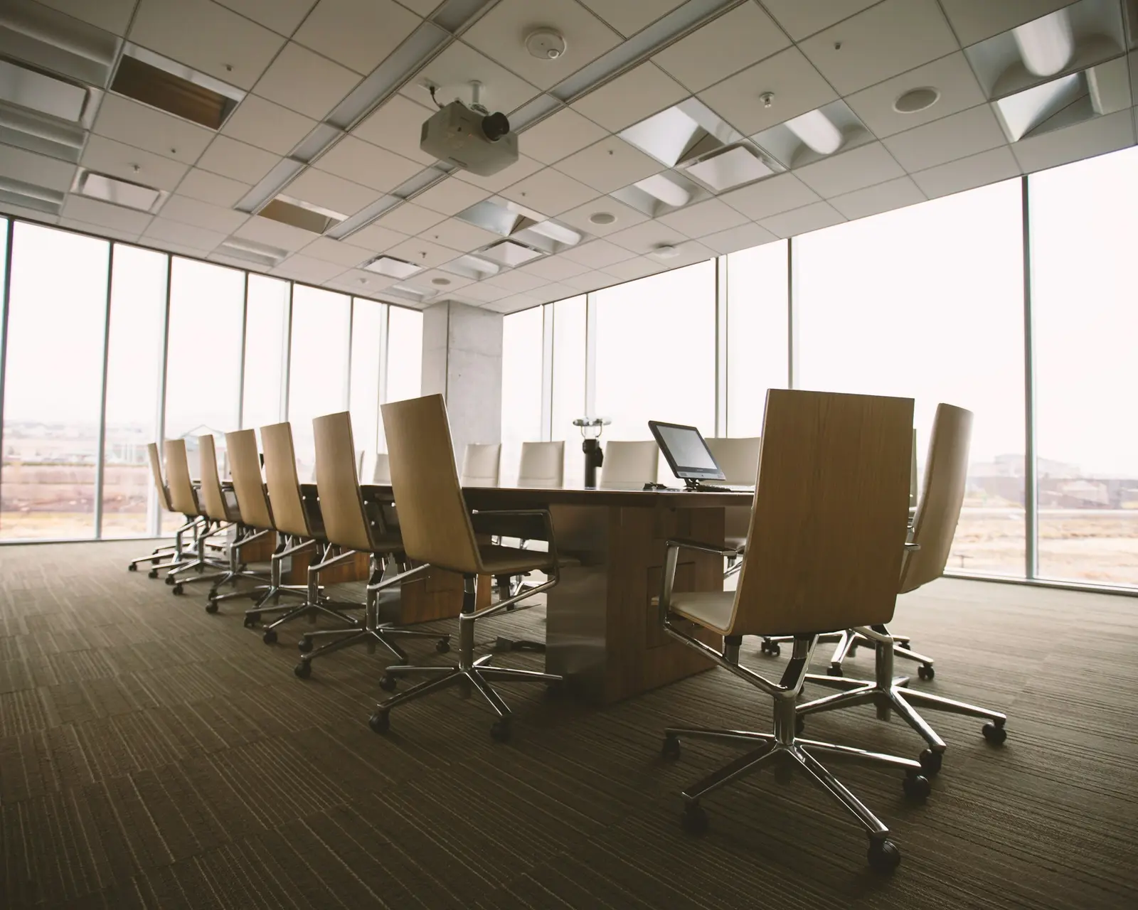 Conference room with a long wooden table, chairs, and daylight from a wall of windows